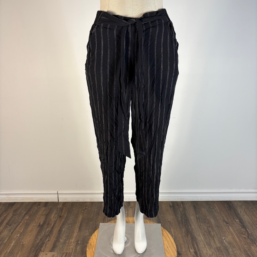 Aritzia Wilfred Faun Pant M Black White Pinstripe Wide Leg High Rise Tie Waist